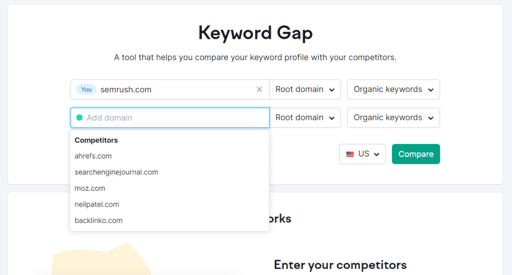 Semrush keyword gap дава възможност да се направи сравнение между вашето съдържанието и съдържанието на конкурентите и да намери пропуски