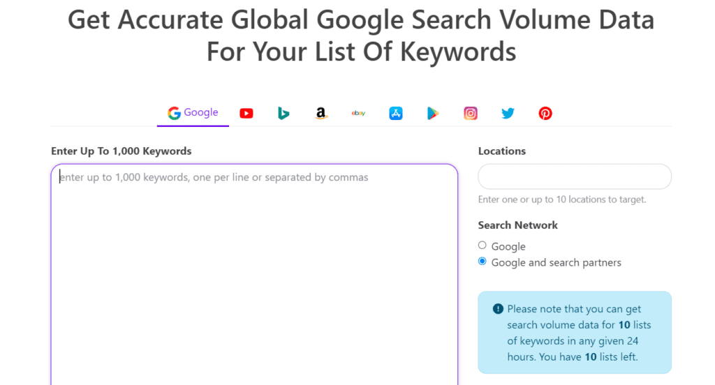 Бърз анализ на обема от търсене за до 1000 ключови думи в keywordtool.io