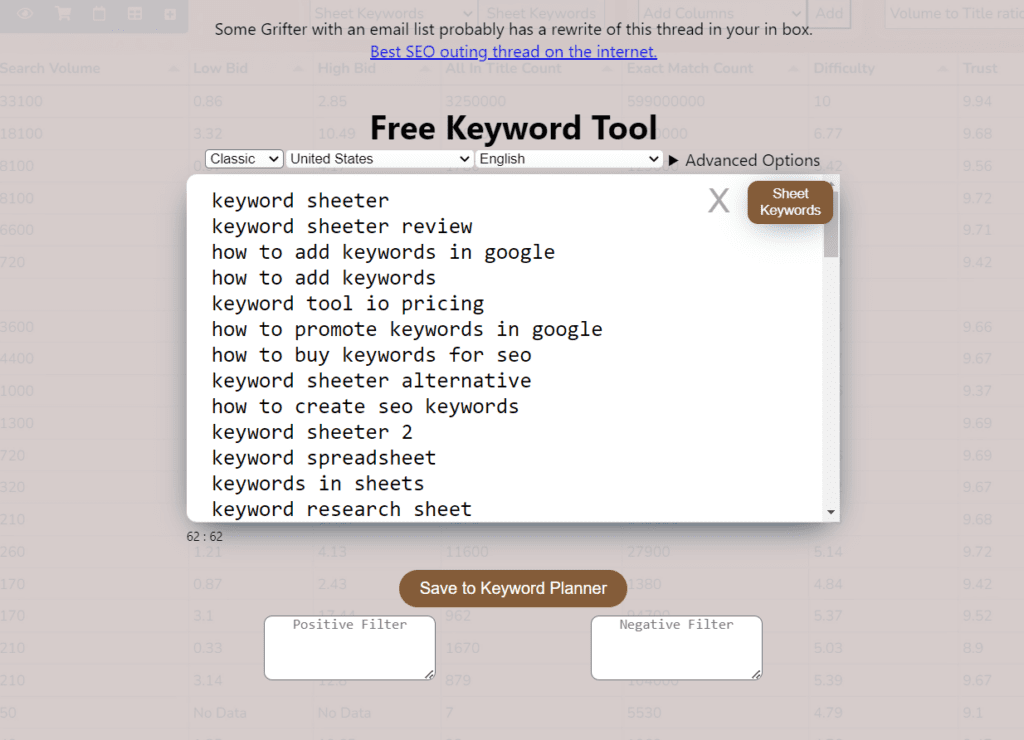 Безплатен инструмент за проучване на ключови думи Keyword Sheeter и как изглежда главната му страница
